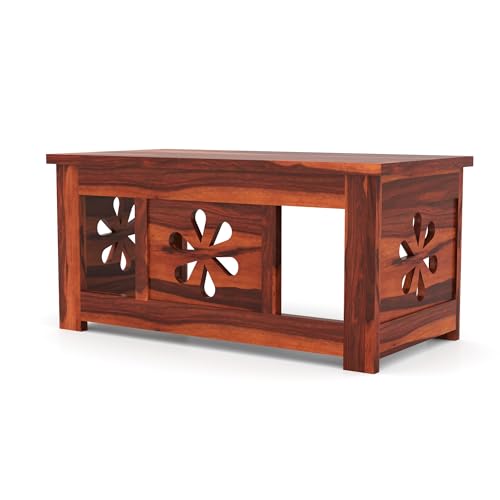 Image of Sheesham Wooden Coffee Table for Home, Living Room Furniture | Solid Wooden Center Table for Living Room, Meeting Room Sofa Side Table Center Tea Table, Flower- Honey Finish