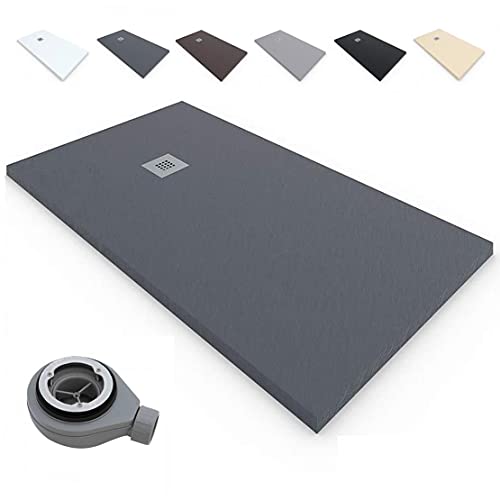 Plato de Ducha RESINA Extraplano EstiloBaño®TERRA - Antideslizante TEXTURA PIZARRA - Todas Las Medidas Disponibles -Varios colores -【70x90, Grafito Ral-7016】- Incluye Válvula desagüe+Rejilla