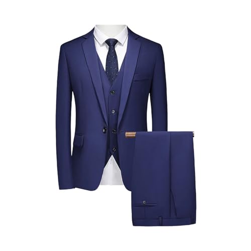 Men's Solid Color Casual Career Suit Jacket Youth Dress Small Suit Three-Piece Set Blue