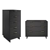 Manhattan Comfort Granville 2-Piece Modern Solid Wood Tall Narrow and Standard Dresser Set - Gold Finish Handles - Sleek Design for up to 35" TV - Elegant and Durable Bedroom Furniture, Dark Grey