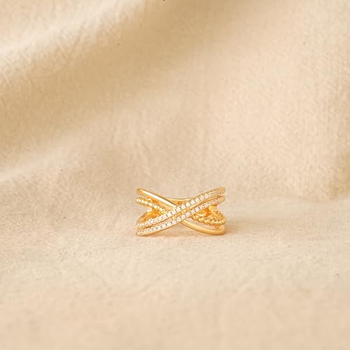 Double CZ Criss Cross Gold Rings for Women,14K Gold Plated CZ Cross Ring | Eternity Promise Ring for Her | Infinity Wedding Band Ring Size 6/7/82