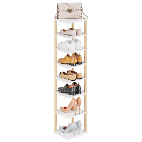 LUCKNOCK Vertical Shoe Rack, 8-Tier Tall Narrow Shoe Organizer for Entryway, Closet, Dorm & Small Spaces, Freestanding Wooden Shoe Shelf Tower for Boots, Sneakers, Heels. (White)