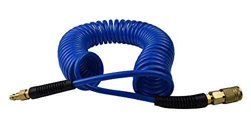 Yotoo Polyurethane Recoil Air Hose 1/4" Inner Diameter By 25' Long With Bend Restrictor, 1/4" Industrial Quick Coupler And Plug, Blue #TOP1