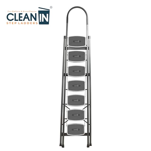 Image of CLEAN IN 7 Step Premium Foldable Household Steel Ladder ~ for Home, Garage, Kitchen. Wide & Anti-Skid Steps, 150 kg Load Capacity, Reinforced Hinges ~ (Shades of Grey)