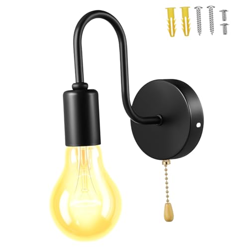 SOPOTUTU Lámpara de Pared Vintage Industrial con Interruptor de Cadena Aplique de Hierro Resistente para Interior y Exterior Compatible con Bombillas Estándar para Pasillos y Decoración
