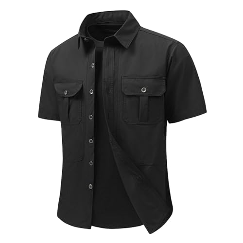 Camisa de lino para hombre de verano de manga corta con bolsillos en el pecho, camisa de trabajo ligera con botones, camisa de trabajo de algodón, camisa de ocio, cómoda camisa de playa, camiseta de
