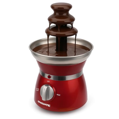 OVENTE 3 Tier Chocolate Fondue Fountain Machine, Stainless Steel Electric Mini Choco Warmer for Parties, Melts Cheese, Liqueurs, Dip Strawberries, Apple Wedges, Vegetables, Candy and More, Red CFS73R