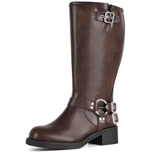 AMINUGAL Brown Wide Calf Knee High Boots for Women Square Toe Pull On Chunky Buckle Moto Boots Rivet Vintage Y2K Motorcycle Horse Riding Biker Casual Fashion Festival Renaissance Combat Rave Size 7.5