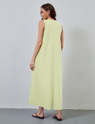 Image of OLAPTA Women Summer Sleeveless Maxi Dress Scoop Neck Ruched Loose Fit Casual Elegant Solid Vacation Long Dress with Pockets