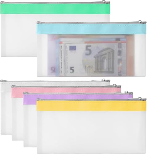 ZRUEWOT 6 Pièces Sacs d'argent avec Fermeture Éclair Pochette d'argent Enveloppes Sac de Banque Organisateur Transparent Porte-Monnaie pour Économiser...