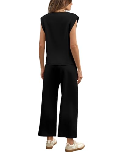 SAMPEEL Two Piece Sets for Women Casual Travel Vacation Outfits Summer Wide Leg Crop Pants Lounge Sets