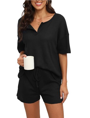 Evolyline Schlafanzug Damen Kurz, Waffel Kurzarm Pyjama Set Sommer, V-Ausschnitt Shorty Pjama für Damen, Loungewear Nachtwäsche mit Taschen&Kordelzug S-XXL