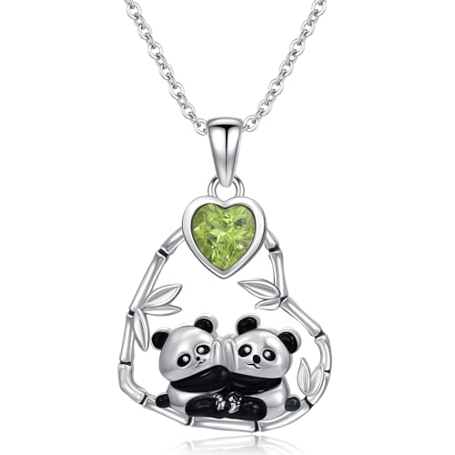 Natural Peridot Panda Necklace for Women 925 Sterling Silver Two Panda Heart Pendant Charm Western Jewelry Animal Jewelry Birthday Gift for Mom Wife