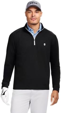 IZOD Men's Swingflex Golf Pro Mesh Quarter Zip Long Sleeve Shirt, Black, Small