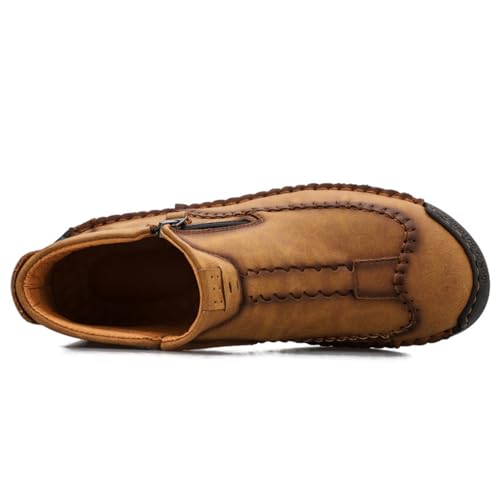 Men's Casual Leather Loafers Fashion Comfortable Chelsea Boots Hand Stitched Slip On Mid-top Shoes Yellow (Velvet) 72