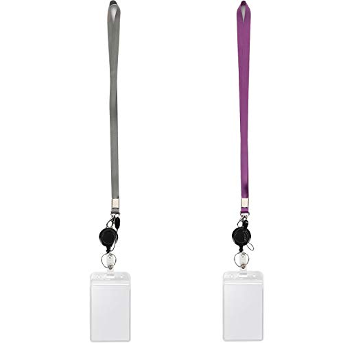 YOUOWO 2 Pack Lanyards with Vertical ID Badge Holders and Retractable Badge Reel with Clips,Office Neck Grey Purple Lanyard Waterproof