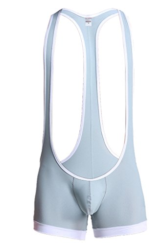 Leories Men's Sexy Lingerie Bodysuit Boxer Briefs Suspenders Singlet Underwear L Gray