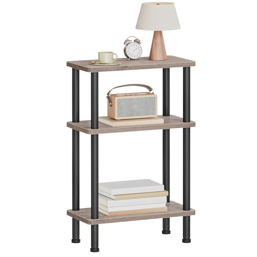 HOOBRO Narrow Side Table, 3-Tier Slim End Table No Tools Needed, Twist-On Assembly, Skinny Nightstand Sofa Storage Shelf for Living Room, Bedroom, Study, Greige and Black BG246BZ01