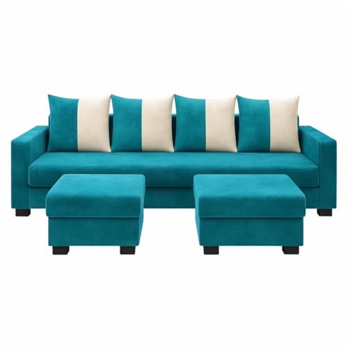 Image of SOCOZI Braviza 6 Seater L Shape Sofa Set with 2 Movable Ottomans | Flexible Layout | Soft Velvet Suede Fabric | Modern Design | Plush Comfort Cushions for Living Room (Aqua Blue-Cream)