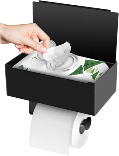 Toilettenpapierhalter Ohne Bohren,Klopapierhalter Ohne Bohren mit Feuchttücherbox,Edelstahl Klopapierhalter,Selbstklebend Klopapierhalter mit Ablage?Schwarz?