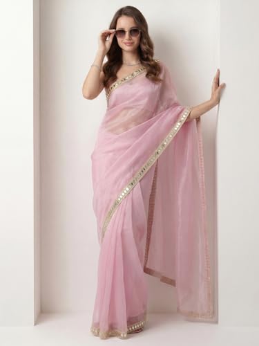 Image of AKHILAM Women's Shimmer Net Solid Saree With Unstitched Blouse Piece