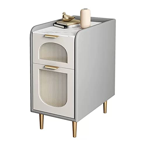Bedside Table Grey Modern Bedside Table, Small Rock Board Bedroom Bedside Table, Space Saving Ultra Narrow Artificial Leather Design Living Room Sofa Side Table with 2 Drawers Storage Bedside Drawer B
