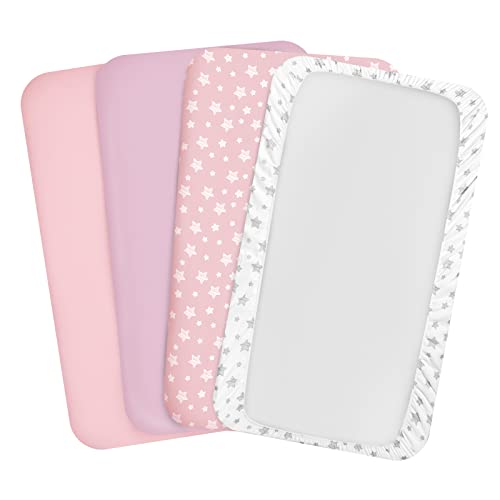 Image of Pack and Play Sheets Girl, 4 Pack Stretchy Pack n Play Playard Fitted Sheet, Compatible with Graco Pack n Play, Soft and Breathable Material, Pink