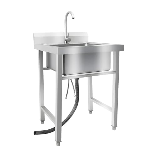 Garbenat Lavello da cucina autoportante, in acciaio inox, 1 vasca, per esterni, 60 x 93 cm, in acciaio inox, con rubinetto freddo e acqua calda, per cucine all'aperto