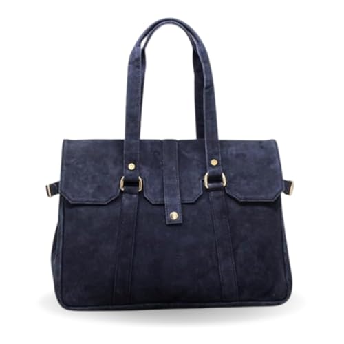 Amari Midnight Blue Genuine Suede Leather Shoulder Messenger Tote Bag for Women | Fits 14” Laptop | Ethical Handcrafted Indian Tote Bag