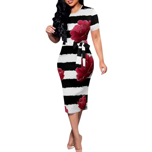 Women Midi Bodycon Dress Casual Crewneck Short Sleeve Tie Front Waist Belted Office Work Knee Length Pencil Dresses