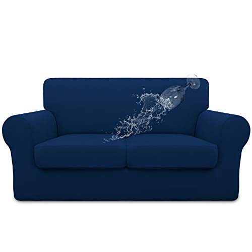 Image of Easy-Going Waterproof 3-Piece Loveseat Cover Couch Covers for Sofa | Stretch Spandex Sofa Cover Protector Elastic Bottom for 2 Cushion Couch Dog Pet Friendly Living Room Navy