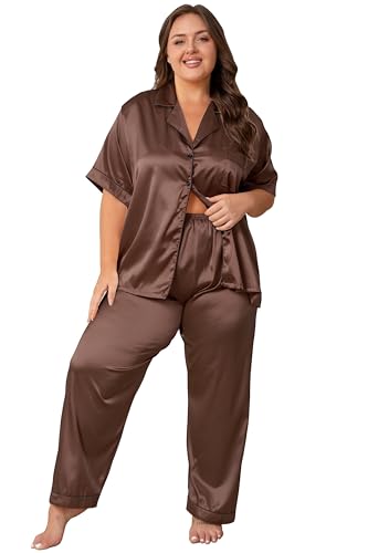Image of Vozanet Women's Button Down Satin Pajama Sets Silky Short Sleeve Top & Pants Plus Size Loungewear Classic Sleepwear XL to 5XL