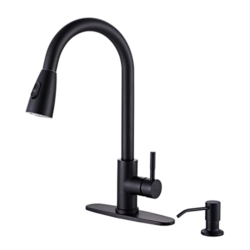 Wowow Black Kitchen Faucet With Soap Dispenser, Stainless Steel Kitchen Sink Faucet, Matte Black Kitchen Faucet Single Handle High Arc Utility Sink Faucet For Sink, Rv, Laundry, Bar #TOP13