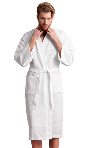 Soft Touch Linen Handsome Waffle Spa Bathrobe for Men. Luxurious Square Pattern Premium Cotton