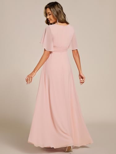 Image of Ever-Pretty Women's Classic Round Neck Pleated Short Sleeves Chiffon Appliques Floor Length A Line Formal Evening Dresses