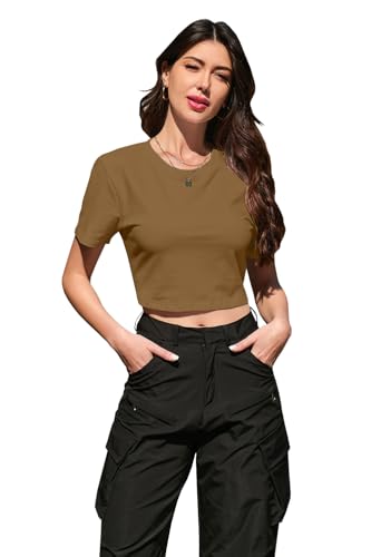 Image of Betusline Girls & Women Basic Summer Short Sleeve Slim Fit T-Shirts Soft Crewneck Crop Y2k Tee Cute Gym Fashion Clothes