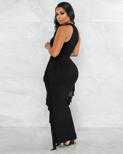 Image of 2 Piece Outfits for Women Sexy Halter Neck Sleeveless Crop Tops Ruched Bodycon Dresses Jumpsuits Fringe Skirt Sets