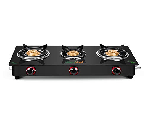 GREENCHEF Ebony 3 Burner Glass Top Gas Stove (Black), Manual Ignition