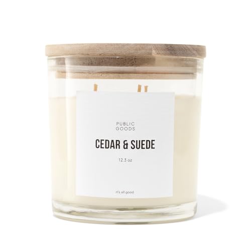 Public Goods Scented Soy Candle for Women & Men | Large 3 Wick Glass Candle | Long Lasting & Non Toxic | Made with Natural Soy Wax & Organic Essential Oils | Gift Box | 12.3oz Jar | Cedar & Suede