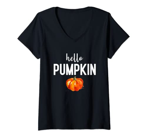 Mujer Hello Pumpkin Mujer Funny Plaid Halloween Camiseta Cuello V