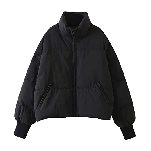 Abrigo de plumas Chaqueta de invierno para mujer con cremallera Ropa exterior forrada cálida para mujer Chaqueta con capucha sólida, Negro , S