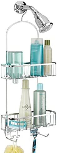 mDesign Shower Tray for Hanging - Practical Shower Shelf Made of Polished Steel - Extra Large Shower Baskets with Integrated Hooks - Polished Steel
