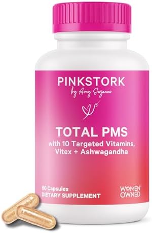 Pink Stork PMS Supplement for Women – Vitex, Ashwagandha, Maca Root & 10 Vitamins & Minerals to Support Hormone Balance, Mood, Bloating, Period Regularity – 60 Capsules