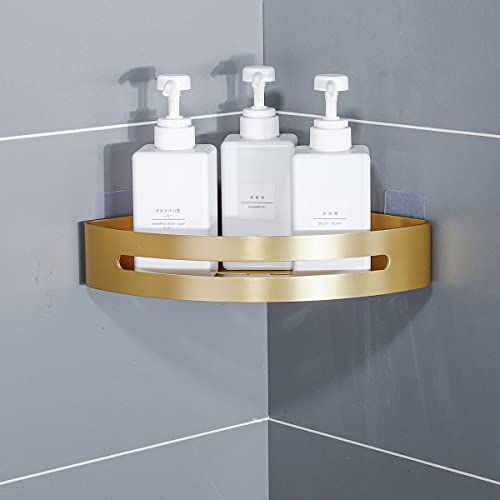 Badezimmer-Eckregal, gebürstet, Gold, Dusch-Organizer, dreieckig, Shampoo-Halter, Klebstoff oder Bohren