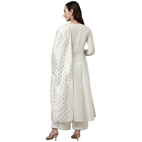 Image of FIORRA Women's Off White Pure Cotton Flared Kurta with Palazzo and Dupatta