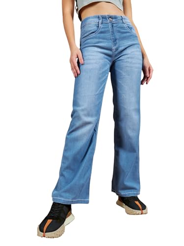 Image of Dolce Crudo Women's Wide Leg Mid Rise Regular Length Blast Effect Light Weight Denim Jeans