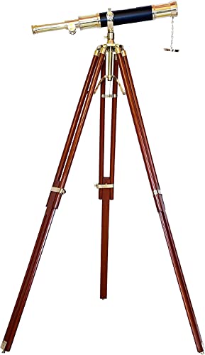 Nautical Marine Navy Solid Brass Telescope Shiny Brass Telescope Antique Style Wooden Tripod Adjustable Brown Stand