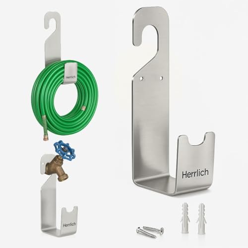 Image of Herrlich Homes Durable Heavy Duty 304 Stainless Steel Garden Pipe Stand | Wall Mounted Watering Hose Holder | Portable Irrigation Hose Hanger | Garden Pipe Holder Hook | Pack of 2 | Steel