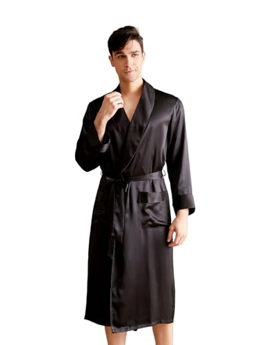THXSILK Men’s Silk Robe Long Bathrobes, Luxury Lightweight Sleepwear, Two Pockets, Pure Mulberry Silk loungewear