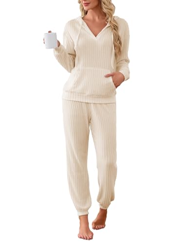 Image of Famulily 2 Pieces Ribbed Knit Outfits Drawstring Hoodies Jogger Pants Matching Pajama Sets with Pockets